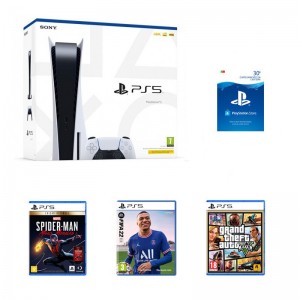 Consola Sony PlayStation 5 825GB + Grand Theft Auto V + FIFA 22 + Spider-Man: Miles Morales + PSN 30€